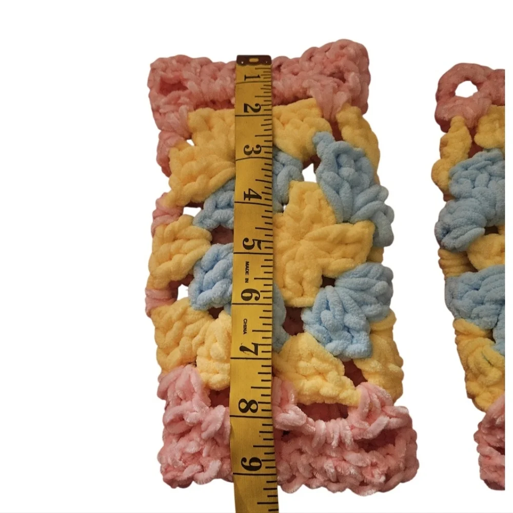 Handmade Pastel Crochet Beanie Wrist Warmers Set Pink Yellow Blue Hand Knit - Picture 6 of 16